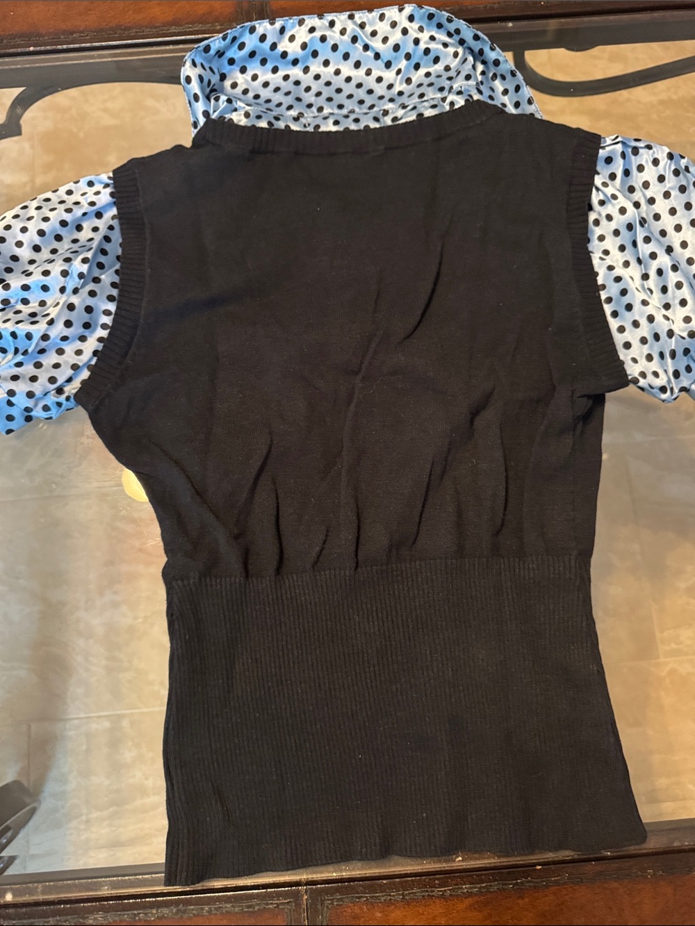 Vintage y2k Star City Black Knit Overlay Top with Blue Polka Dot Puff Sleeves - Picture 6 of 7
